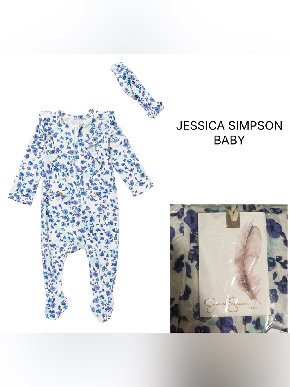 JESSICA SIMPSON BABY - 3/6M - NWT - 2PC BLUE FLORAL SLEEPER AND HEADBAND